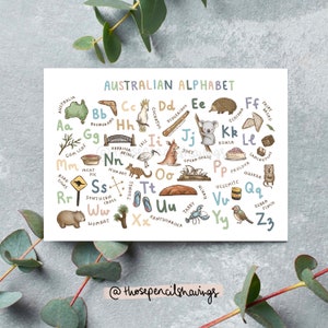 postale d'alphabet australien | Jolie impression animalière de A à Z | Souvenir ou cadeau australien illustré