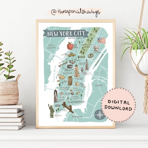 New York City Karte Poster | Illustrierte NYC druckbare Kunst | Niedliche Manhattan Wahrzeichen | Reise Karte Poster | DIGITALER DOWNLOAD