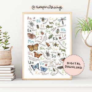 Insekt Alphabet Druck | Illustriertes A-Z Käfer Poster | ABC Kids Mini Tierchen Kinderzimmer Deko | Baby-Dusche-Geschenk | DIGITALER DOWNLOAD
