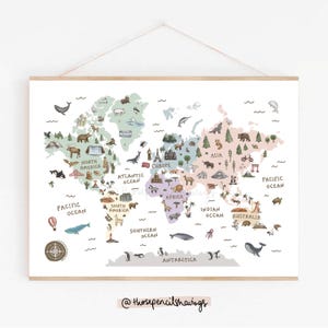 Weltkarte Print | Illustrierte Globus Wand Kunst Poster | Niedliche Landschaften & Tiere | Reise Geschenk oder Fernweh Dekor