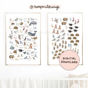 Australian Animals Alphabet and Numbers Print | ABC 123 Poster | A-Z and Counting Nursery Print | Kids Room | Digital Download