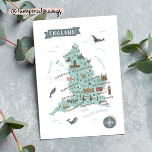 Postal con mapa de Inglaterra / Impresión ilustrada de viaje por el Reino Unido / Bonitos monumentos e iconos ingleses / Recuerdo de Inglaterra o regalo para viajeros