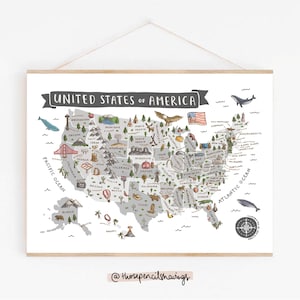 USA Karte Drucken | Illustrierte USA Wandkunst Poster | Niedliche Landschaften & Tiere | Amerikanisches Reisegeschenk