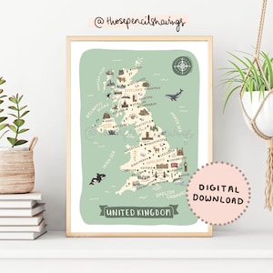UK Map Print: Illustrated United Kingdom Landmarks & Animals (Digital Download)