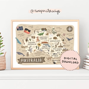 Australien Karte Poster | Illustrierte Aussie druckbare Kunst | Niedliche Landschaften & Tiere | Kinderzimmer Poster | Landkarte | DIGITALER DOWNLOAD