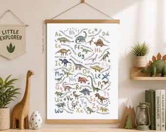 Dinosaur Alphabet Print: A-Z Dino Nursery, Classroom Art
