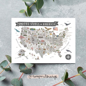 USA Karte Postkarte | Illustrierte amerikanische Reisedruck | Niedliche USA Wahrzeichen & Tiere | Fernweh Geschenk oder Souvenir