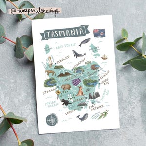 Postal con mapa de Tasmania / Impresión ilustrada de viajes australianos / Adorables lugares de interés y animales de Tasmania / Regalo o recuerdo para viajeros