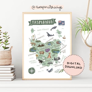 Tasmanien Karte Drucken | Illustrierte Australien Kunst | Niedliche Landschaften & Tiere | Tassie Travel Map Poster | DIGITALER DOWNLOAD