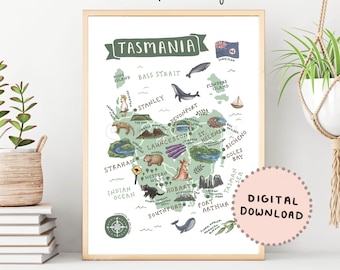 Tasmania Map Print: Illustrated Australian Travel Poster (Digital Download)