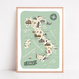 Italy Map Print | Illustrated Travel Poster Souvenir | Cute Europe Landmarks | Wanderlust Wall Decor | Italian Nursery Art