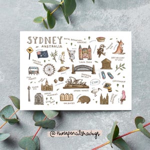 postale de points de repère de Sydney | Art de voyage illustré en Australie | Icônes de ville mignonne et cadeau souvenir