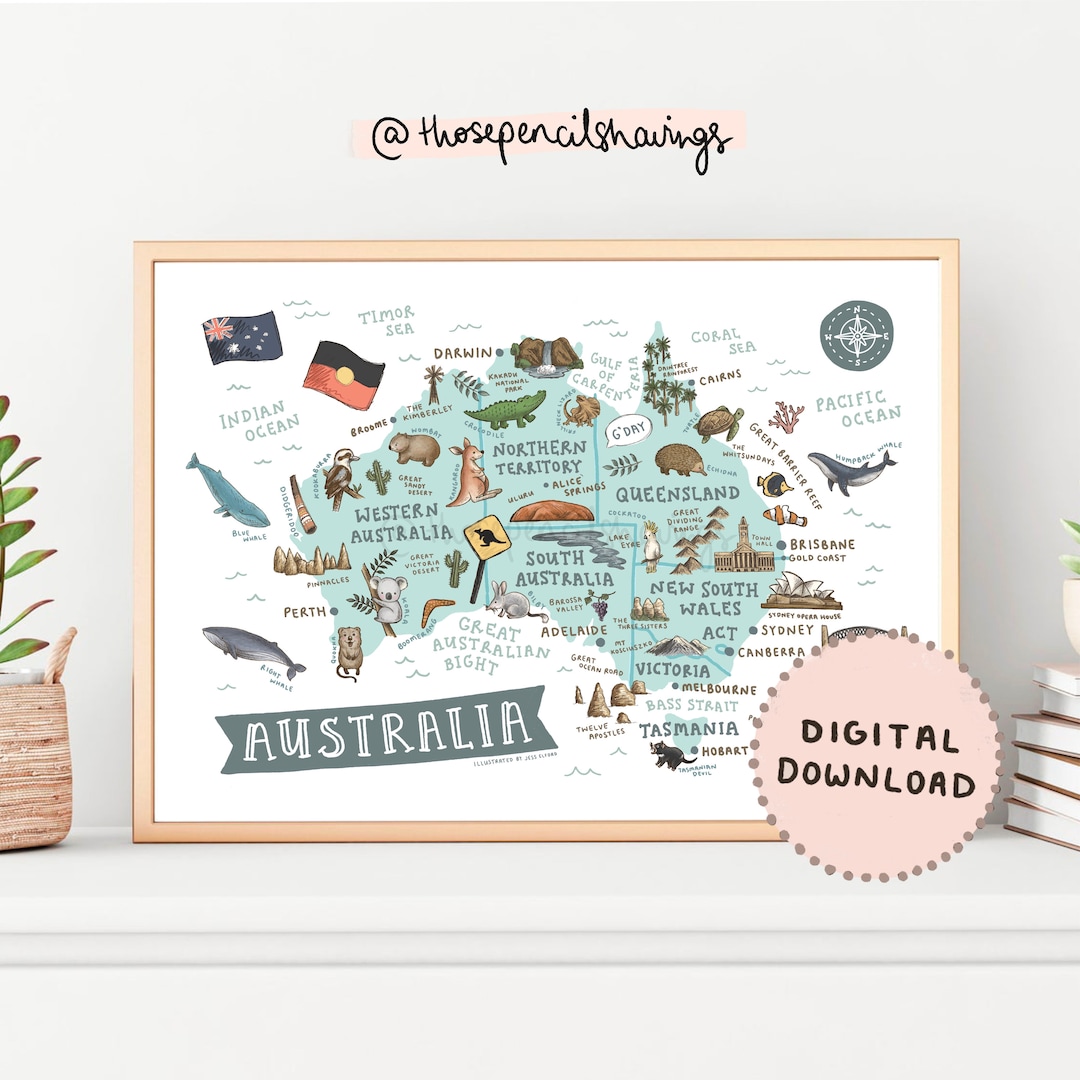 DIGITAL DOWNLOAD Map of Australia Illustrated Australian Landmarks ...