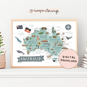 Australien Karte Poster | Illustrierte Aussie druckbare Kunst | Niedliche Landschaften & Tiere | Kinderzimmer Poster | Landkarte | DIGITALER DOWNLOAD