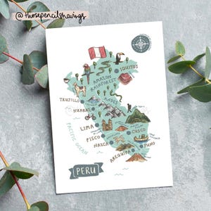 Peru Map Postcard | Illustrated South America Travel Print | Cute Peruvian Landmarks & Animals | Wanderlust Gift or Souvenir