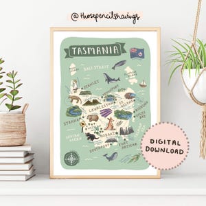 Tasmanien Karte Drucken | Illustrierte Australien Kunst | Niedliche Landschaften & Tiere | Tassie Travel Map Poster | DIGITALER DOWNLOAD