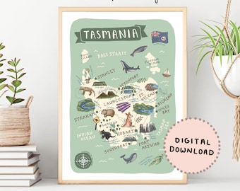 Tasmania Map Print: Illustrated Travel Poster (Digital Download)