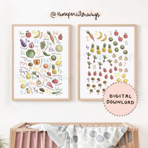 Fruit & Vegetables Alphabet and Counting Print Set of 2 | A–Z and 1–10 Posters | abc 123 Nursery Kitchen Playroom | DIGITAL DOWNLOAD