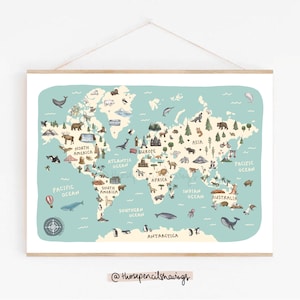 Weltkarte Print | Illustrierte Globus Wand Kunst Poster | Niedliche Landschaften & Tiere | Reise Geschenk oder Fernweh Dekor