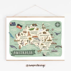 Australien Karte Poster | Illustriertes Reise Poster | Niedliche Aussie Wahrzeichen & Tiere | Fernweh Wand Dekor | Australische Kinderkunst