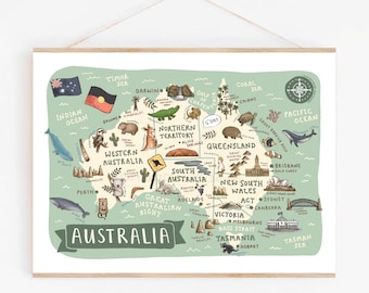 Mappa dell'Australia stampata: monumenti e animali australiani illustrati