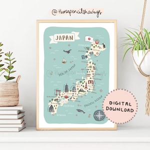 Impression de carte du Japon | Art mural japonais illustré imprimable | Animaux et monuments mignons | de classe de carte de voyage | TÉLÉCHARGEMENT NUMÉRIQUE