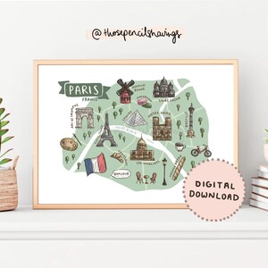 Impresión de mapa de París / Arte mural imprimible de Francia ilustrada / Lindos monumentos de París / Póster de mapa de viaje / DESCARGA DIGITAL