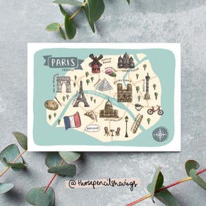Paris Map Postcard | Illustrated French Travel Print | Cute Landmarks & Icons | Wanderlust Gift or Souvenir