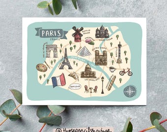 postale de plan de Paris | Impression de voyage illustrée en français | Icônes et monuments mignons | Cadeau ou souvenir Wanderlust