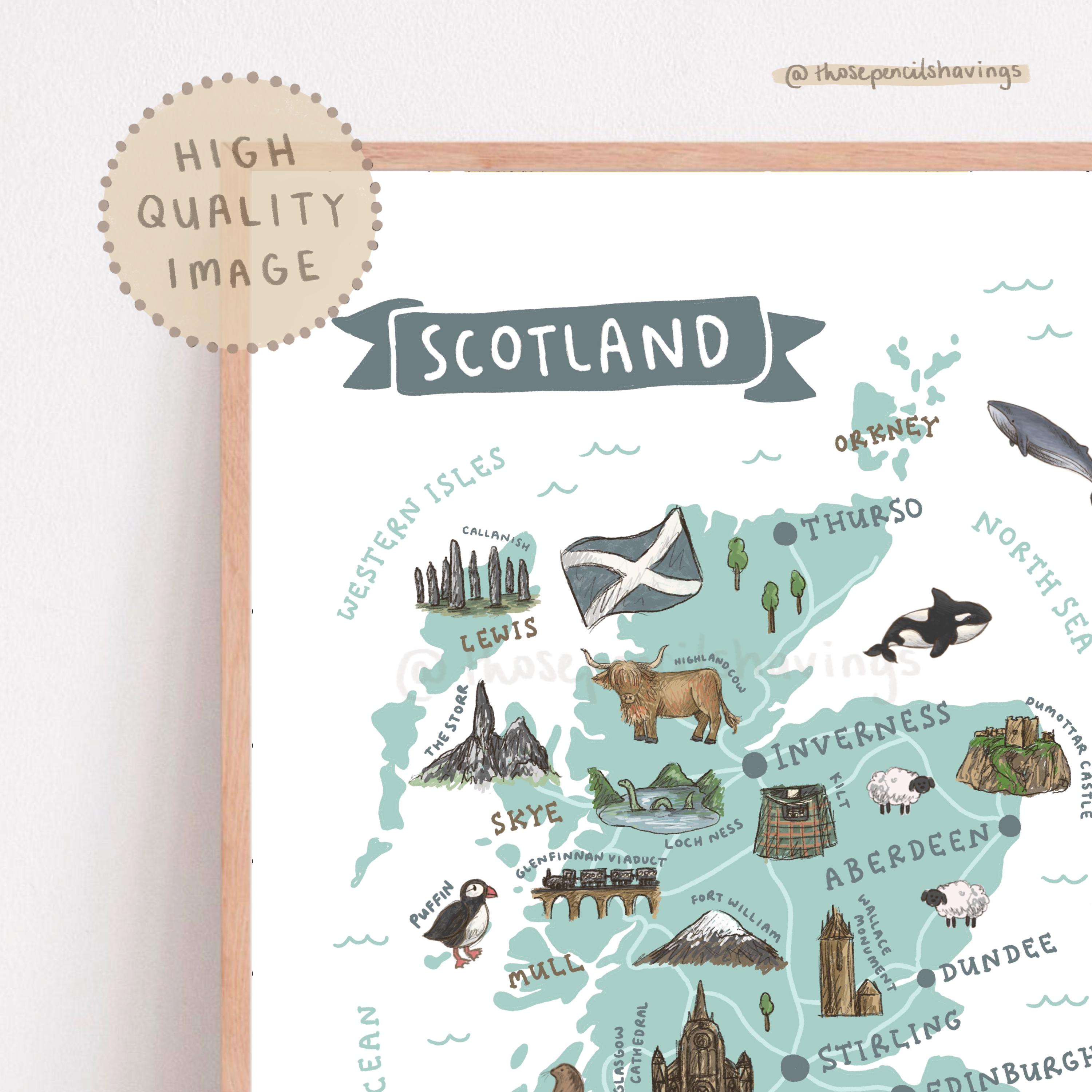 Fun Scotland Map Scotland Map Print: Illustrated Scottish Landmarks & Animals - Etsy