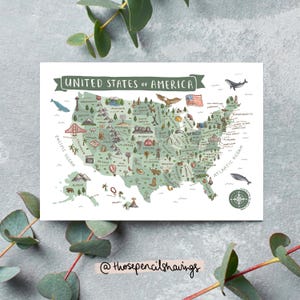 Cartolina con mappa degli Stati Uniti / Stampa illustrata di viaggi americani / Graziosi monumenti e animali degli Stati Uniti / Regalo o souvenir per viaggiatori