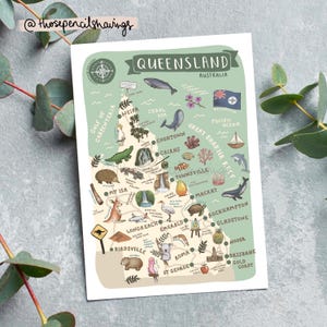 Queensland Map Postcard | Illustrated Australian Travel Print | Cute Landmarks & Icons | Wanderlust Gift or Souvenir