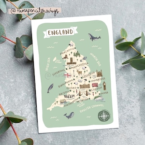 England Karte Postkarte | Illustrierte UK Reise Print | Niedliche Englisch Wahrzeichen & Icons | England Souvenir oder Fernweh Geschenk