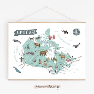 Impression de la carte du Canada | Affiche illustrée d'art de voyage | Animaux et monuments canadiens mignons | Décoration murale Wanderlust | Art pour chambre d'enfant
