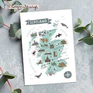 Schottland Karte Postkarte | Illustrierte schottische Reisedruck | Niedliche Wahrzeichen & Icons | Fernweh Geschenk oder Souvenir