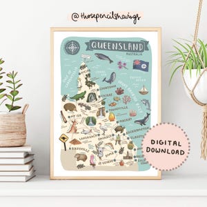 Queensland Karte Drucken | Illustrierte QLD druckbare Kunst | Niedliche Aussie Wahrzeichen & Tiere | Australien Reise Karte Poster | DIGITALER DOWNLOAD