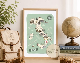 Mapa ilustrado de Italia: Póster con lugares emblemáticos para viajeros (Descarga digital)