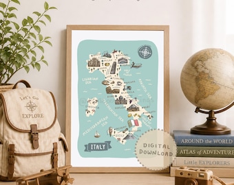 Italy Cartoon Map Print: 75 Landmarks, Travel Wall Art (digital