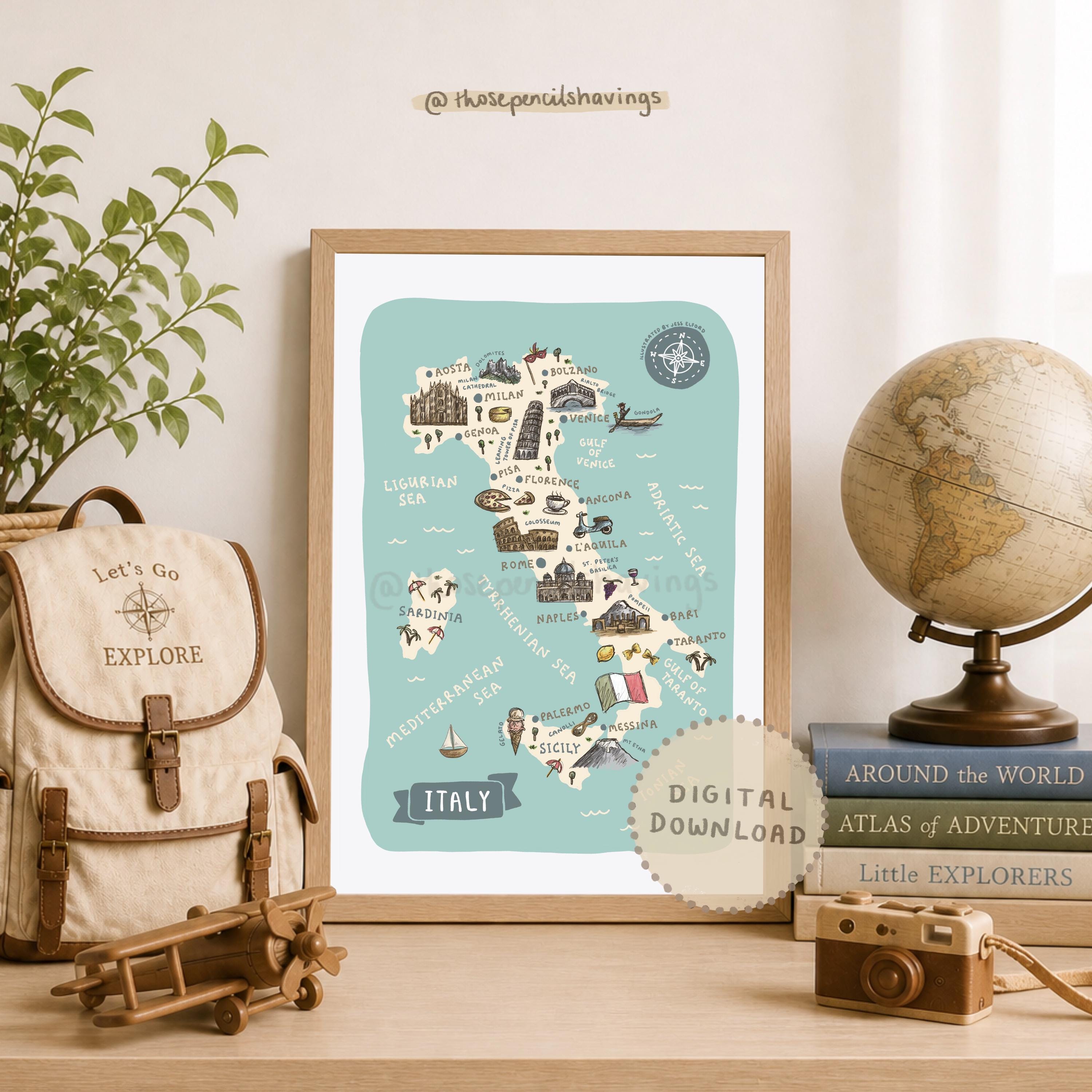 Illustrated Italy Map Print: Travel Landmarks Poster (digital