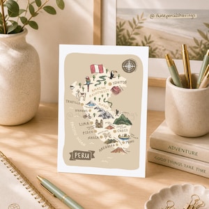 May include: A tan-colored map of Peru with illustrations of landmarks, animals, and the Peruvian flag. The map includes the text "PERU" and various city names. The text "@thosepencilshavings" is in the upper right corner.