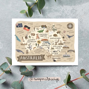 Australia Map Postcard | Illustrated Travel Print | Cute Aussie Landmarks & Animals | Wanderlust Gift or Souvenir
