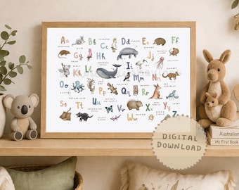 Lámina ilustrada del alfabeto de animales australianos: Póster infantil (descarga digital)