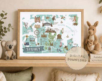 Sydney Map Print: Illustrated Aussie Landmarks & Animals (Digital Download)
