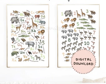 Safari Tiere Alphabet und Zahlen Drucke | ABC 123 Poster | A-Z und Zählbild Kinderzimmer | Afrikanische Tiere Kinderzimmer | Digitaler Download