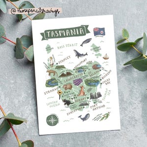 Postal con mapa de Tasmania / Impresión ilustrada de viajes australianos / Adorables lugares de interés y animales de Tasmania / Regalo o recuerdo para viajeros