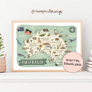 Australien Karte Poster | Illustrierte Aussie druckbare Kunst | Niedliche Landschaften & Tiere | Kinderzimmer Poster | Landkarte | DIGITALER DOWNLOAD
