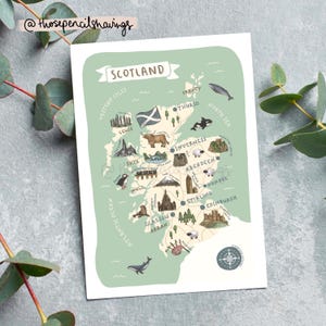 Postal con mapa de Escocia / Impresión ilustrada de viajes escoceses / Lugares emblemáticos e iconos encantadores / Regalo o recuerdo para viajeros
