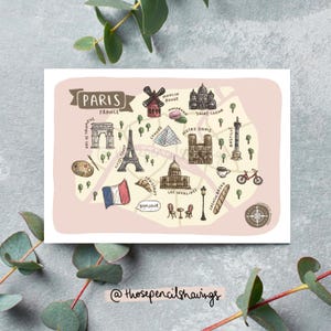 Paris Map Postcard | Illustrated French Travel Print | Cute Landmarks & Icons | Wanderlust Gift or Souvenir