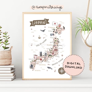 Japan Karte Drucken | Illustrierte japanische druckbare Kunst | Niedliche Landschaften & Tiere | Travel Map Klassenzimmer Poster | DIGITALER DOWNLOAD