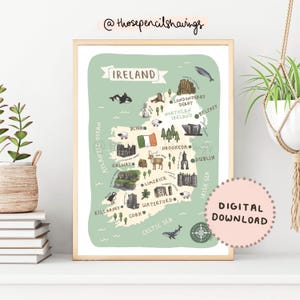 Ireland Map Print | Illustrated Irish Printable Wall Art | Cute Landmarks & Animals | Travel Map Poster | DIGITAL DOWNLOAD
